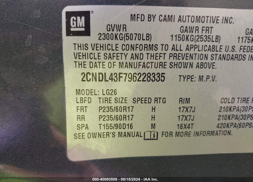 2009 CHEVROLET EQUINOX LT VIN: 2CNDL43F796228335