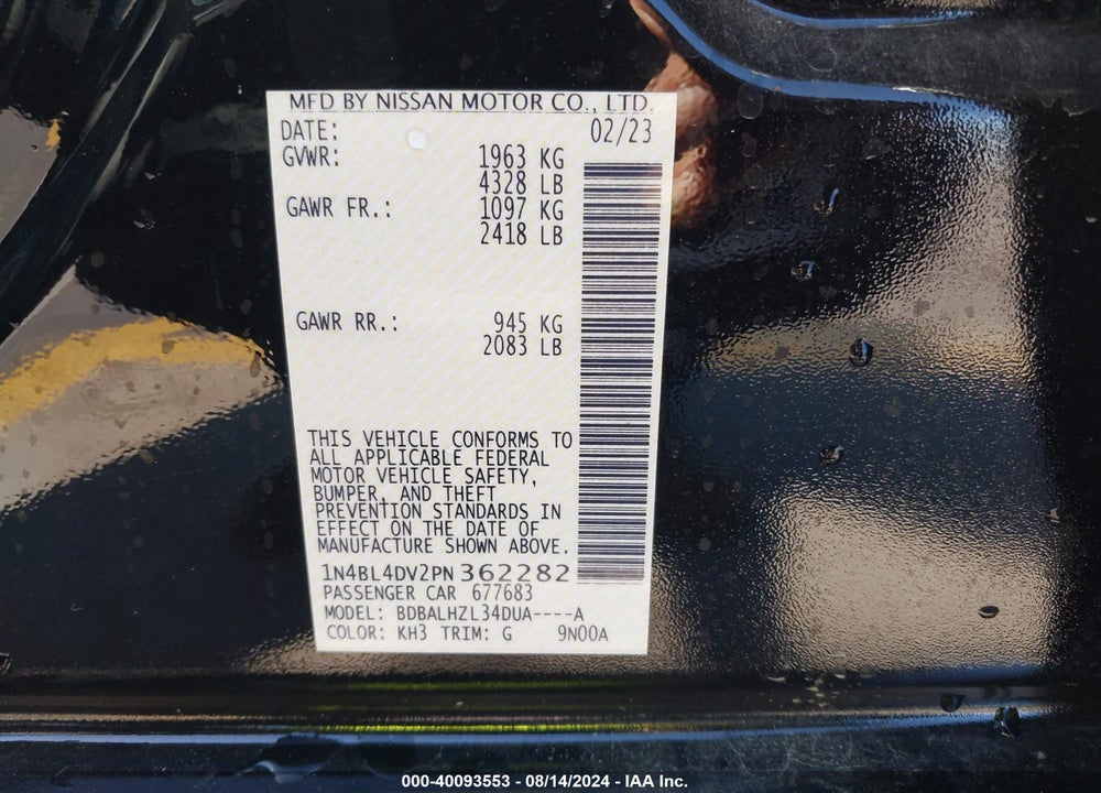 2023 NISSAN ALTIMA SV FWD VIN: 1N4BL4DV2PN362282