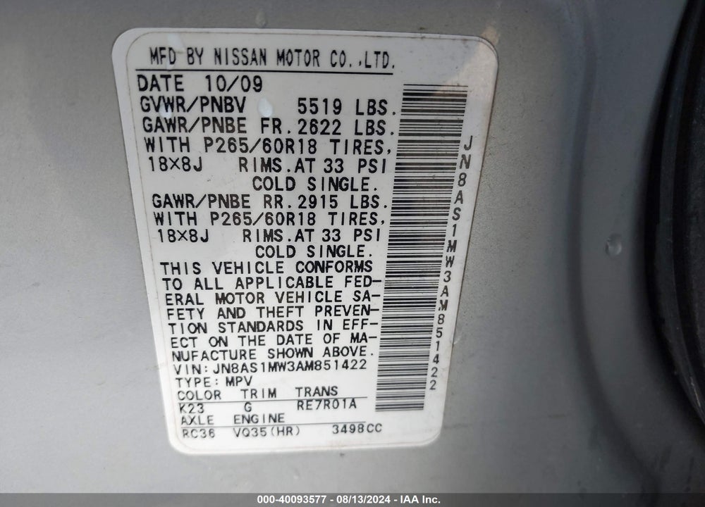 2010 INFINITI FX35 VIN: JN8AS1MW3AM851422