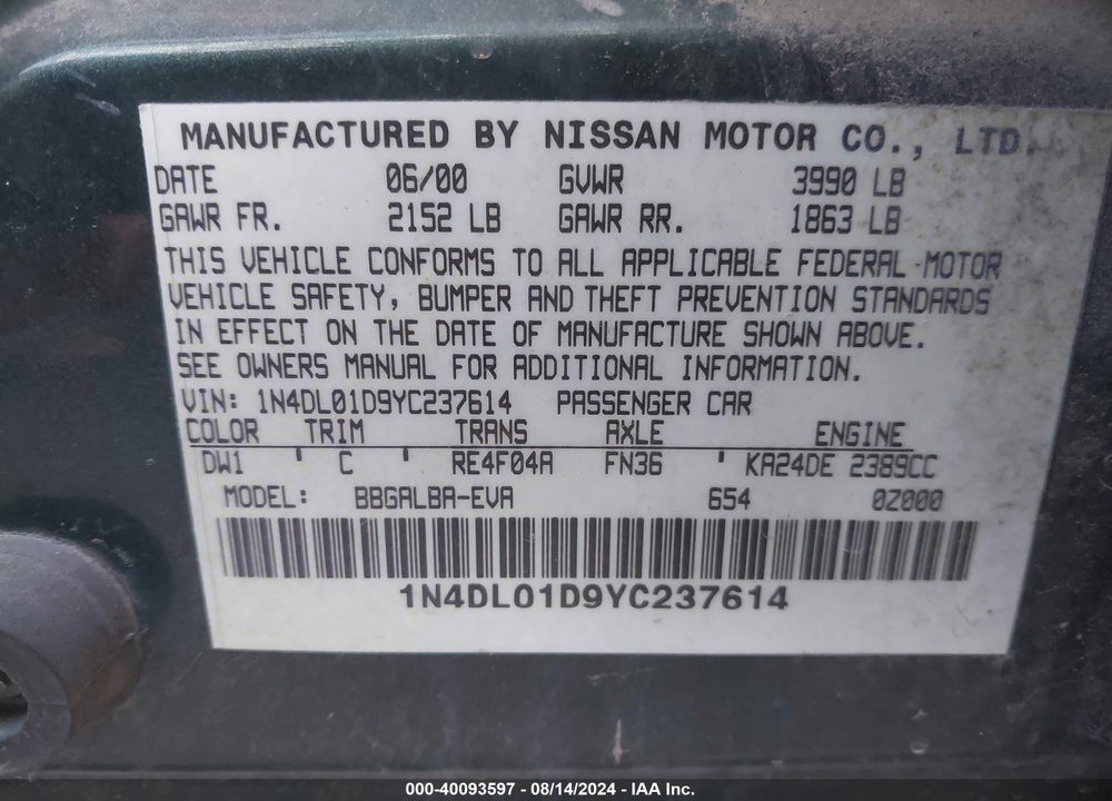 2000 NISSAN ALTIMA GLE/GXE/SE/XE VIN: 1N4DL01D9YC237614
