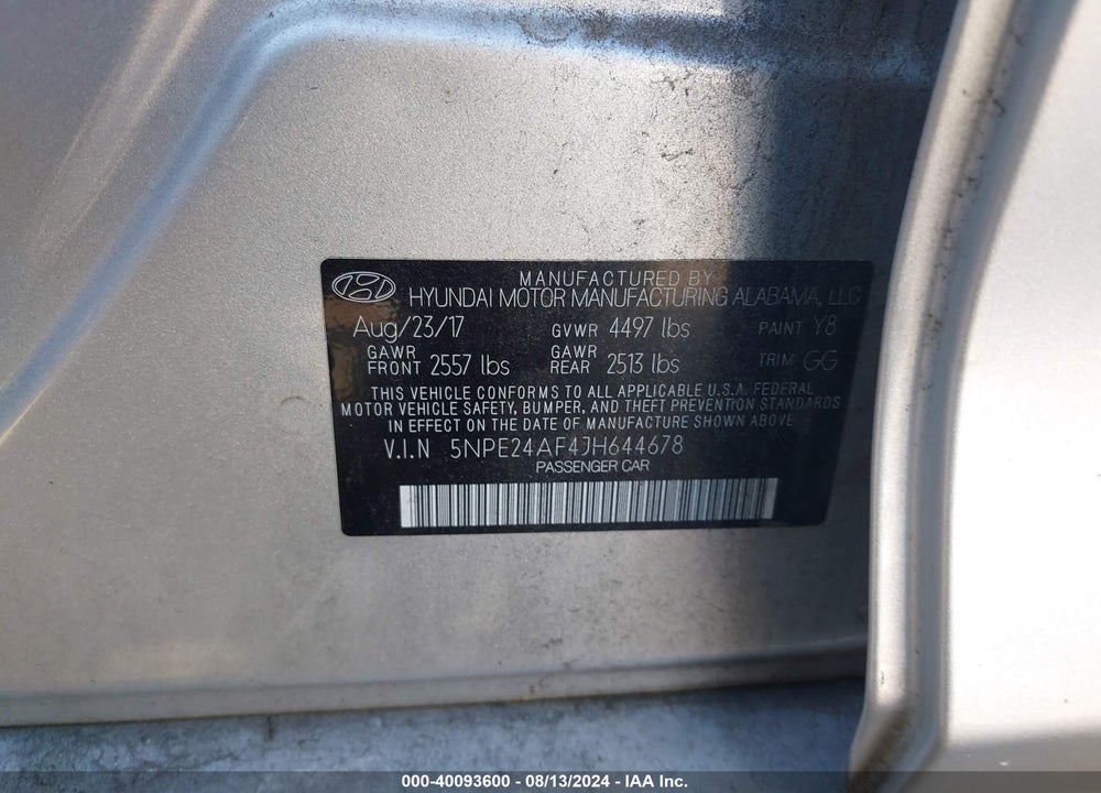 2018 HYUNDAI SONATA SE VIN: 5NPE24AF4JH644678