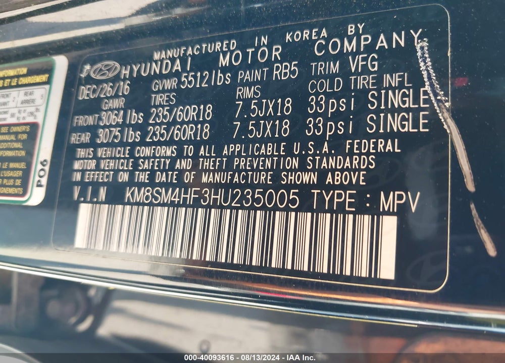 2017 HYUNDAI SANTA FE SE VIN: KM8SM4HF3HU235005