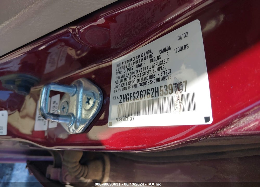 2002 HONDA CIVIC EX VIN: 2HGES26762H539707