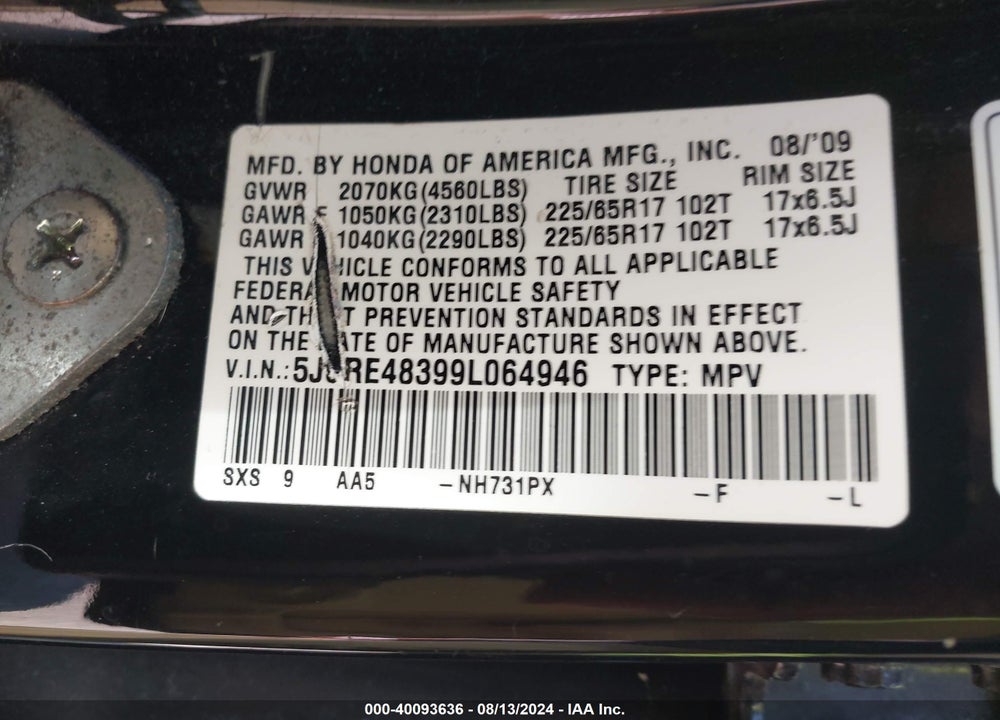 2009 HONDA CR-V LX VIN: 5J6RE48399L064946