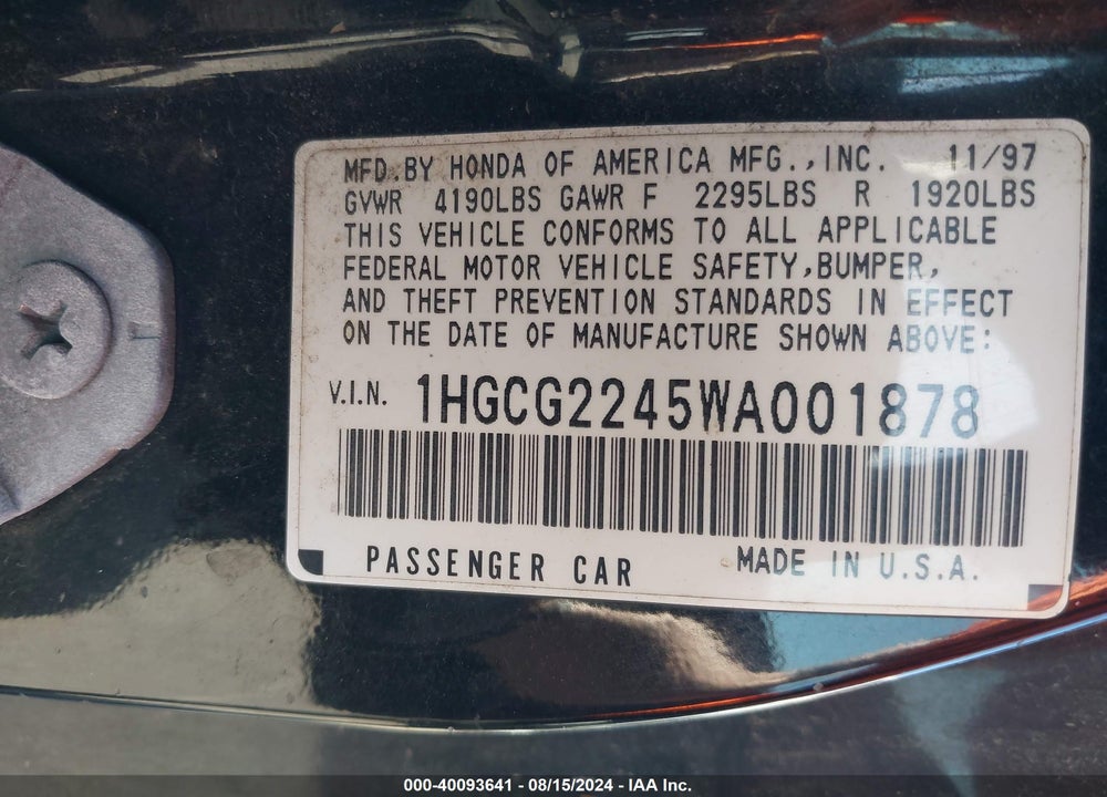 1998 HONDA ACCORD LX V6 VIN: 1HGCG2245WA001878