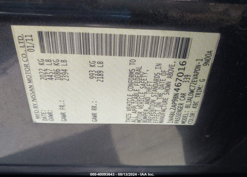 2011 NISSAN ALTIMA 3.5 SR VIN: 1N4BL2AP9BN467016