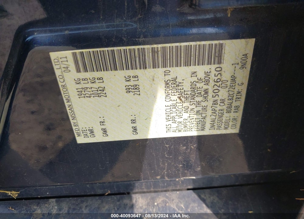 2011 NISSAN ALTIMA 2.5 S VIN: 1N4AL2AP7BN502650