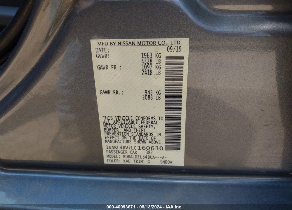 2020 NISSAN ALTIMA S FWD VIN: 1N4BL4BV7LC160630