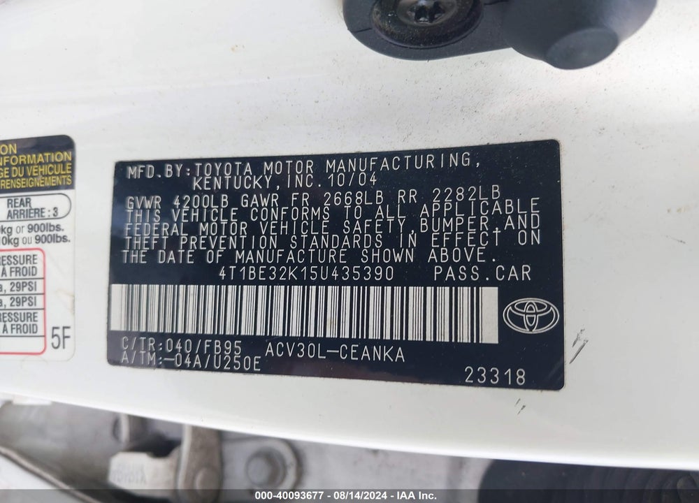 2005 TOYOTA CAMRY LE VIN: 4T1BE32K15U435390