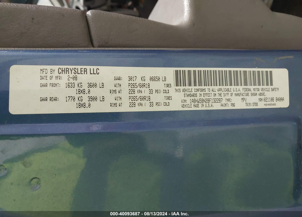 2008 CHRYSLER ASPEN LIMITED VIN: 1A8HW58N28F132287