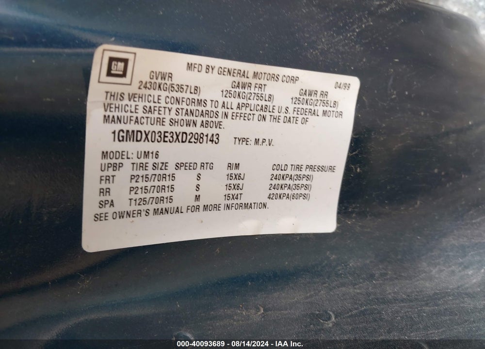 1999 PONTIAC MONTANA VIN: 1GMDX03E3XD298143