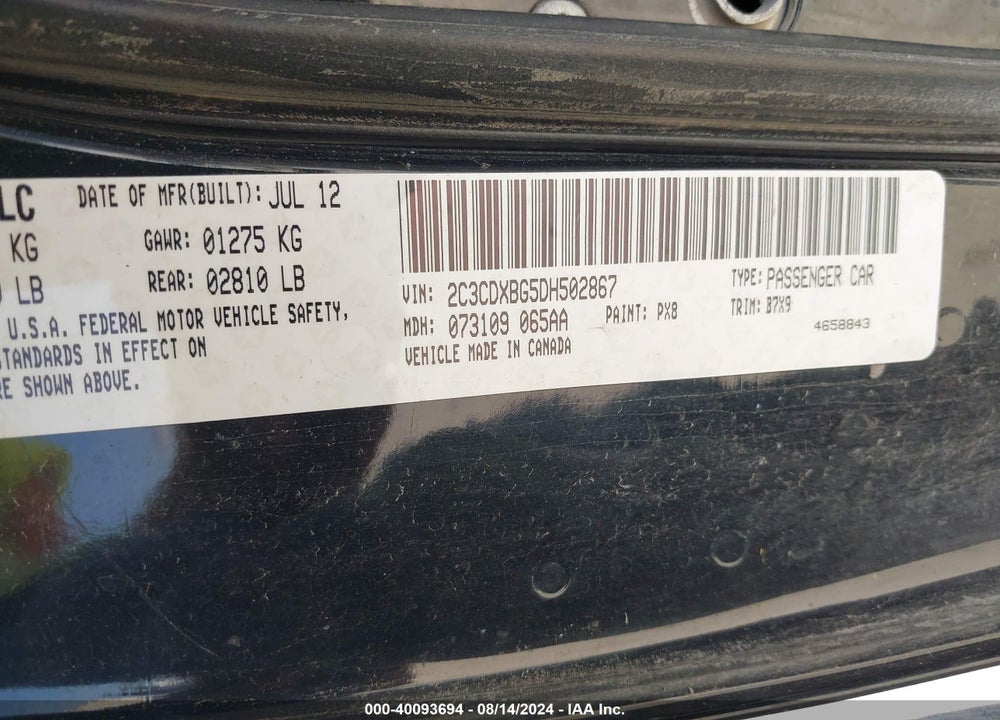 2013 DODGE CHARGER SE VIN: 2C3CDXBG5DH502867