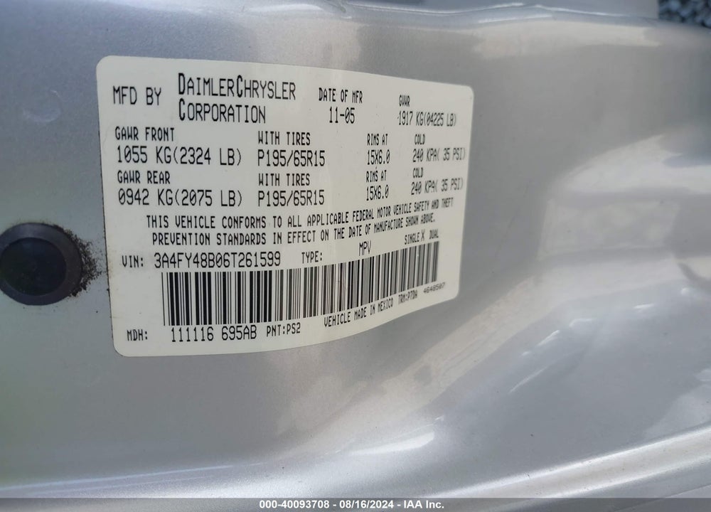 2006 CHRYSLER PT CRUISER VIN: 3A4FY48B06T261599
