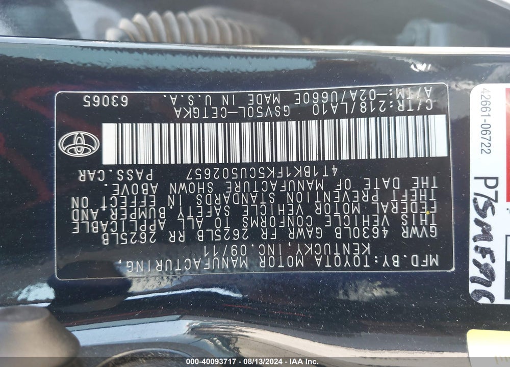 2012 TOYOTA CAMRY XLE V6 VIN: 4T1BK1FK5CU502657
