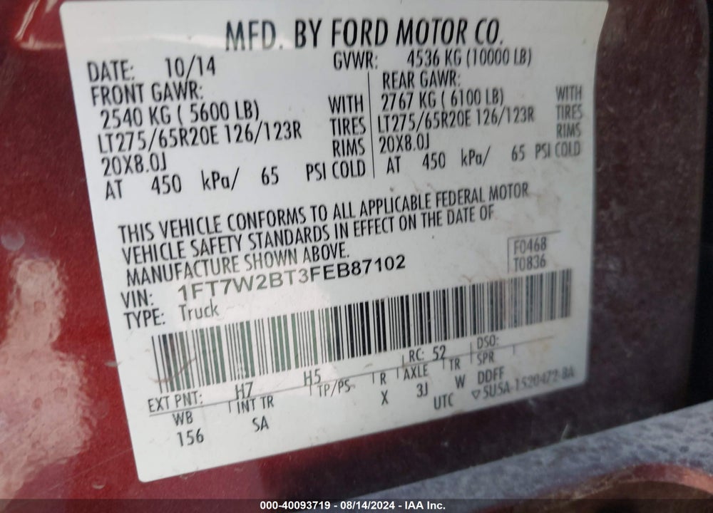 2015 FORD F-250 LARIAT VIN: 1FT7W2BT3FEB87102