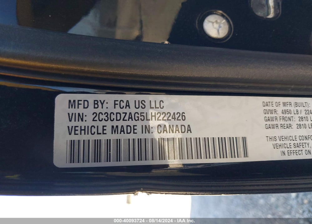 2020 DODGE CHALLENGER SXT VIN: 2C3CDZAG5LH222426