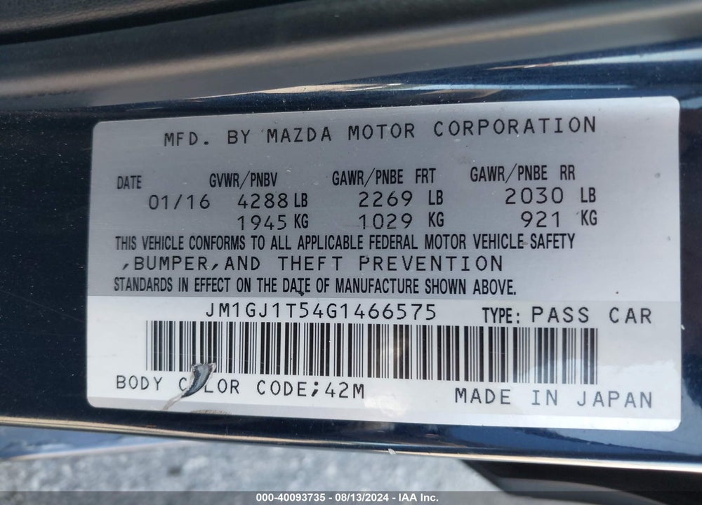 2016 MAZDA 6 I TOURING VIN: JM1GJ1T54G1466575