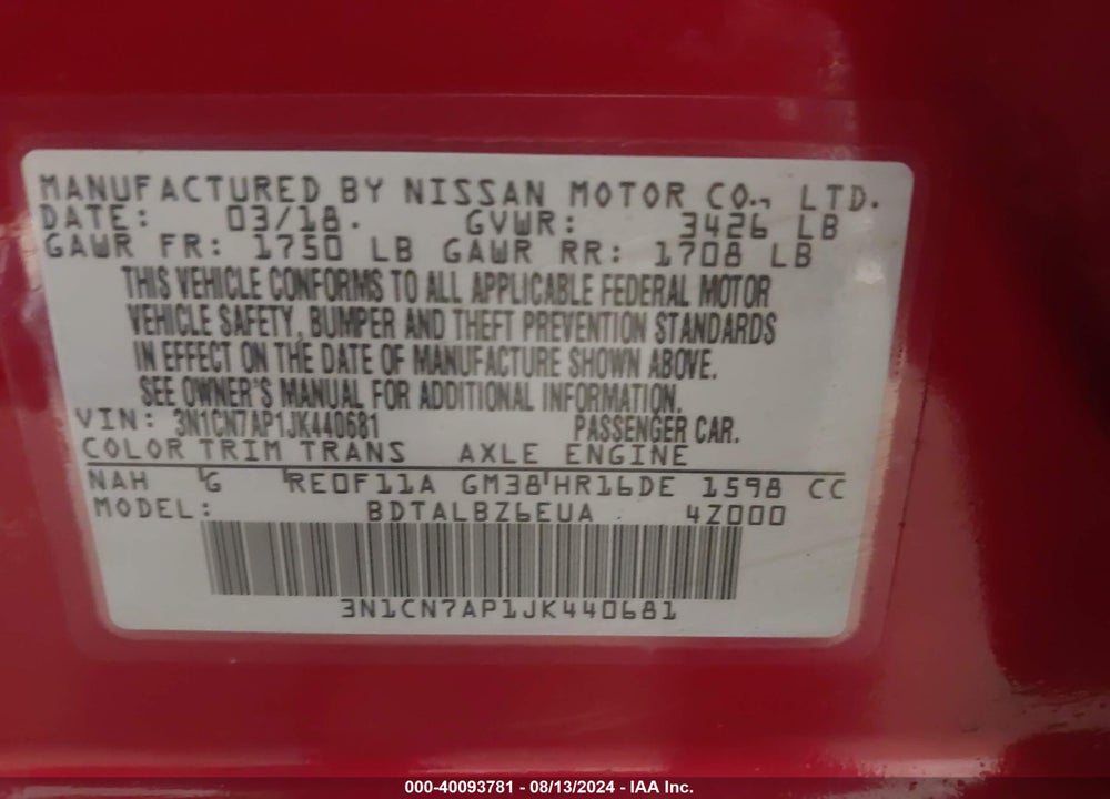 2018 NISSAN VERSA 1.6 SV VIN: 3N1CN7AP1JK440681