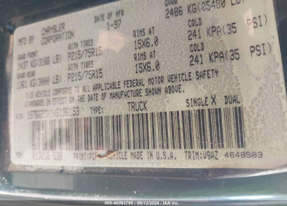 1997 DODGE DAKOTA SLT/SPORT VIN: 1B7GG23X1VS196153