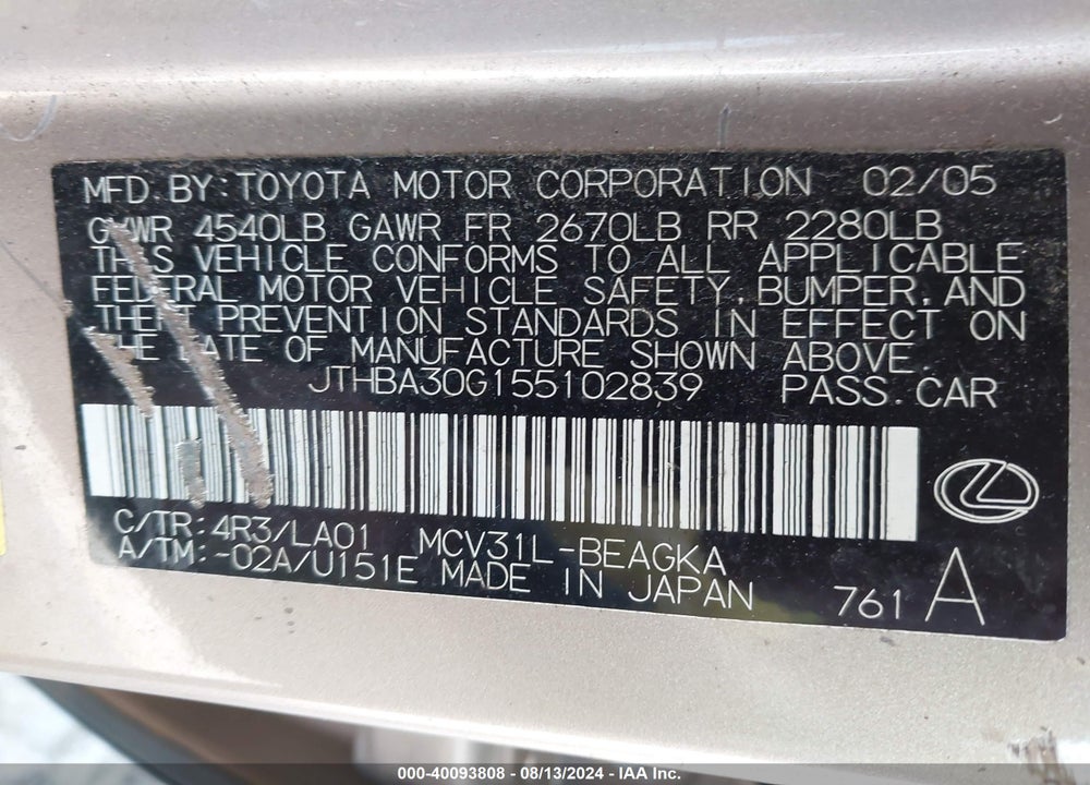 2005 LEXUS ES 330 VIN: JTHBA30G155102839