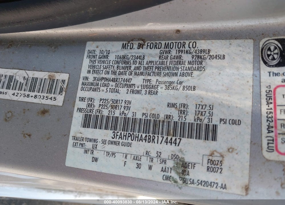2011 FORD FUSION SE VIN: 3FAHP0HA4BR174447