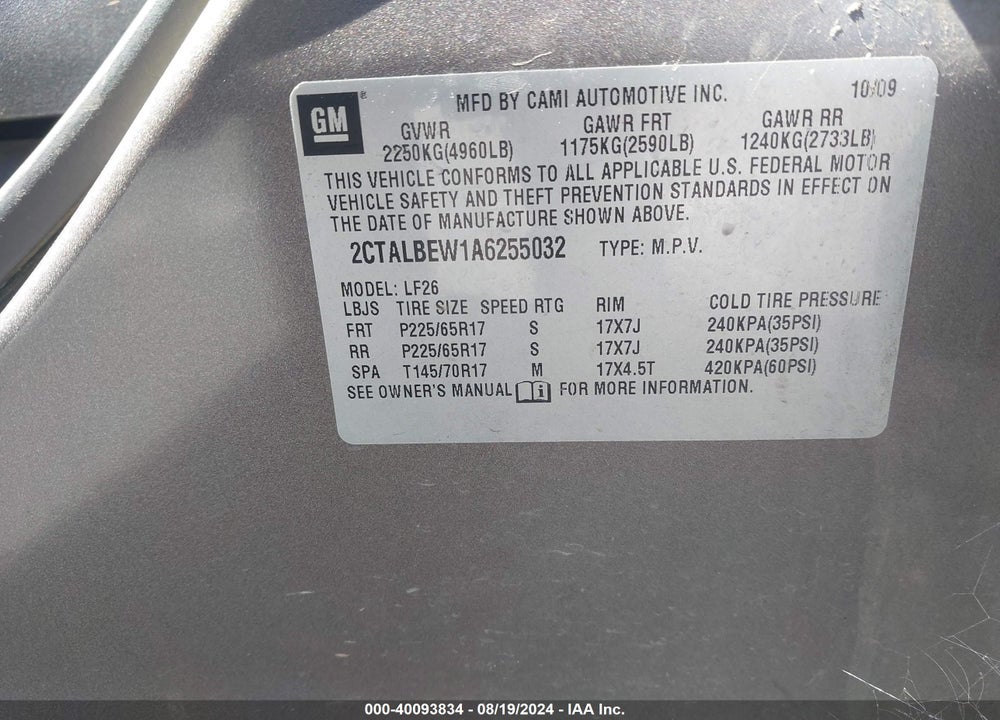 2010 GMC TERRAIN SLE-1 VIN: 2CTALBEW1A6255032