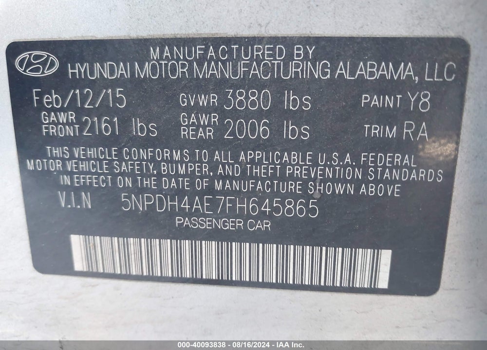 2015 HYUNDAI ELANTRA SE VIN: 5NPDH4AE7FH645865