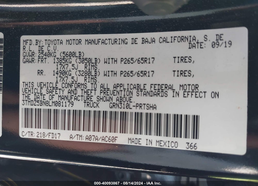 2020 TOYOTA TACOMA TRD SPORT VIN: 3TMDZ5BN8LM081179