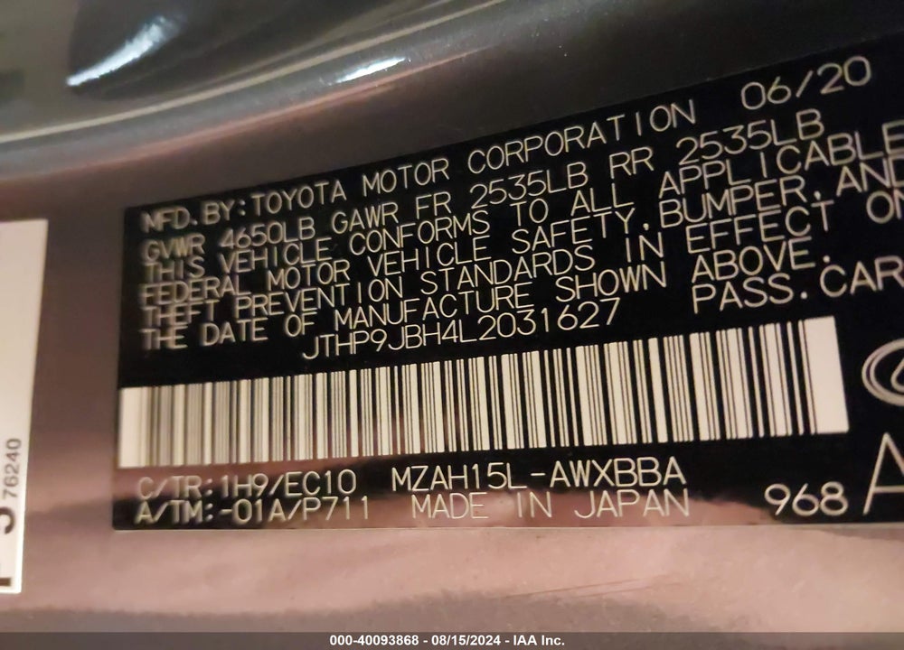 2020 LEXUS UX 250H VIN: JTHP9JBH4L2031627