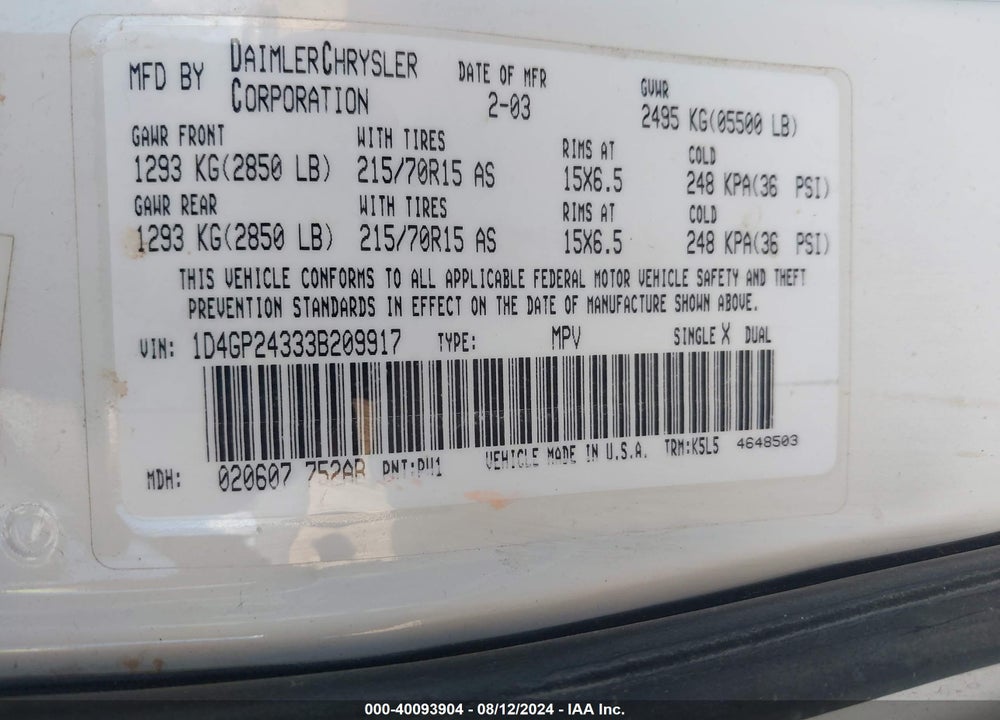 2003 DODGE GRAND CARAVAN SE VIN: 1D4GP24333B209917