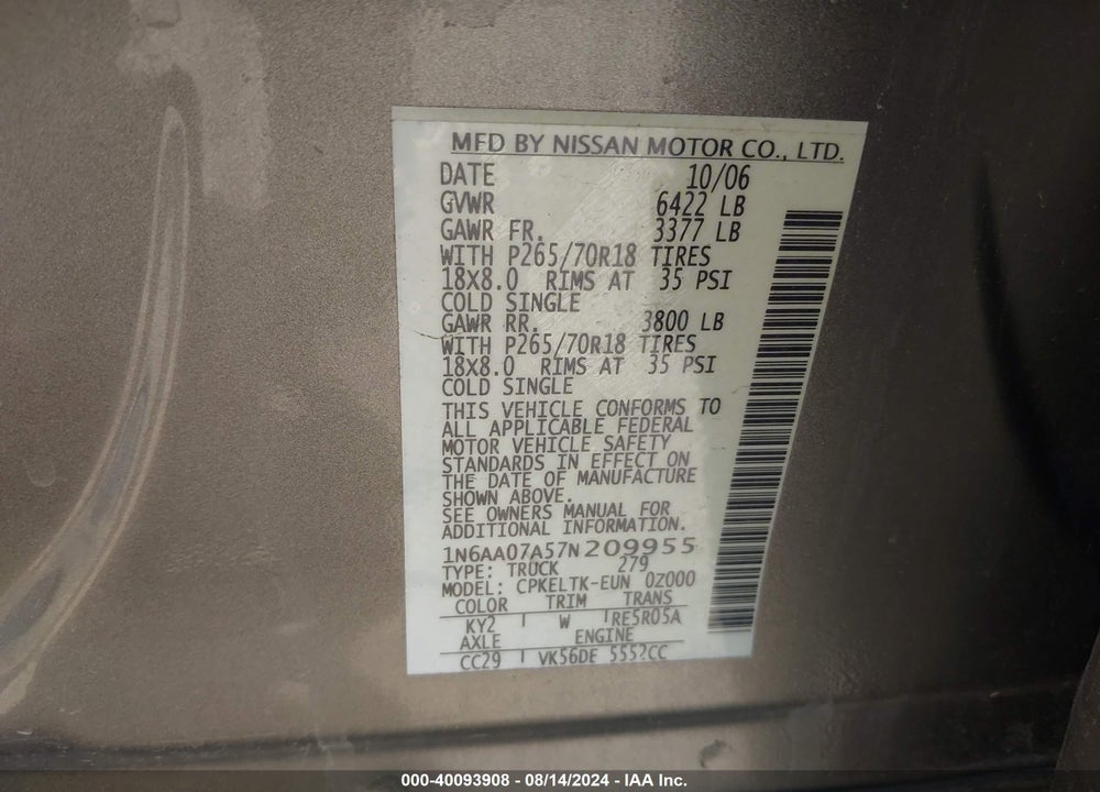 2007 NISSAN TITAN SE VIN: 1N6AA07A57N209955