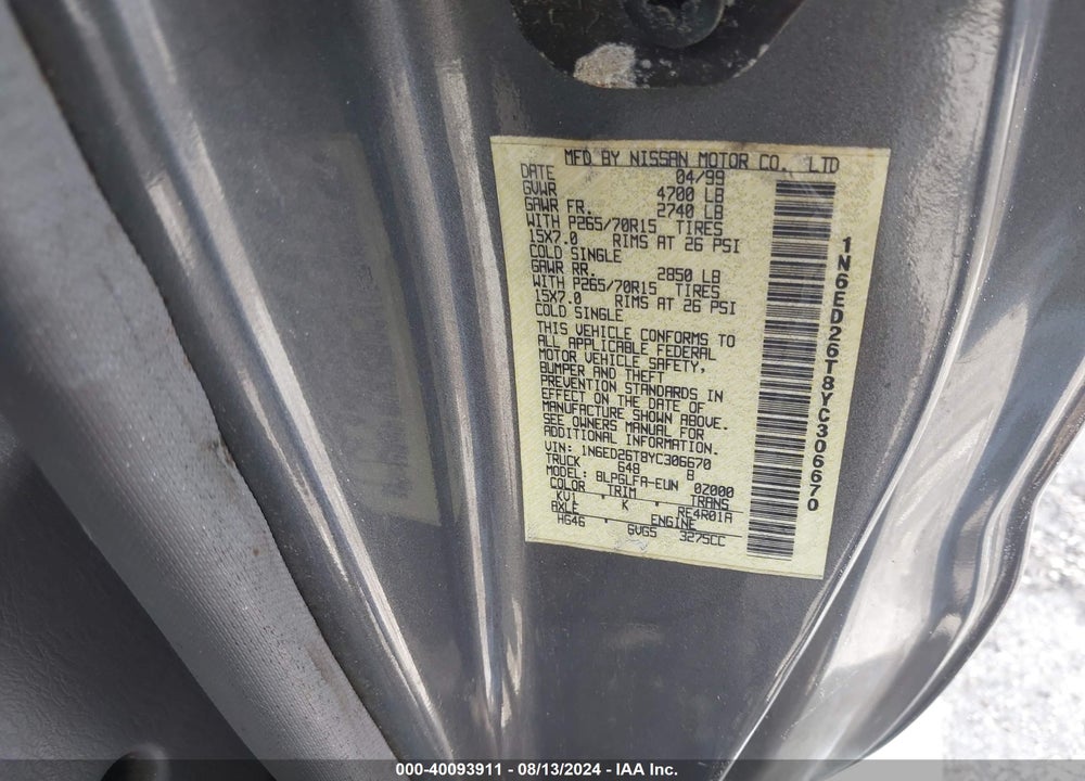 2000 NISSAN FRONTIER VIN: 1N6ED26T8YC306670