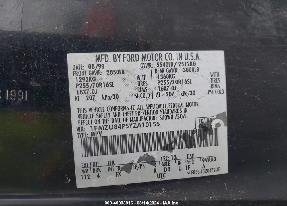 2000 FORD EXPLORER EDDIE BAUER VIN: 1FMZU84P5YZA10155