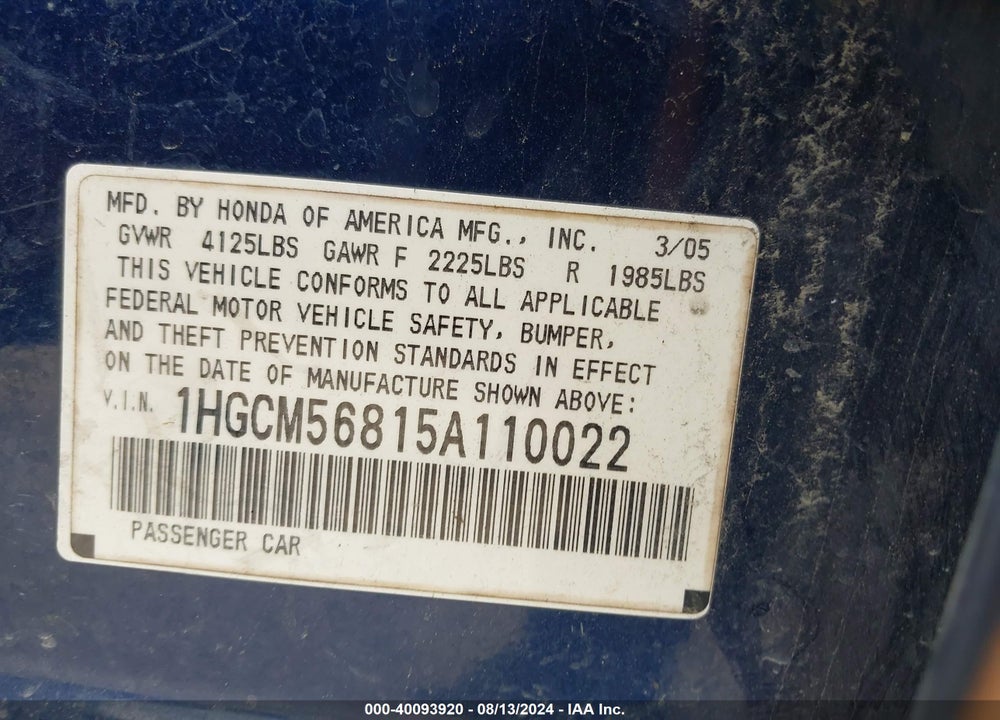 2005 HONDA ACCORD 2.4 EX VIN: 1HGCM56815A110022