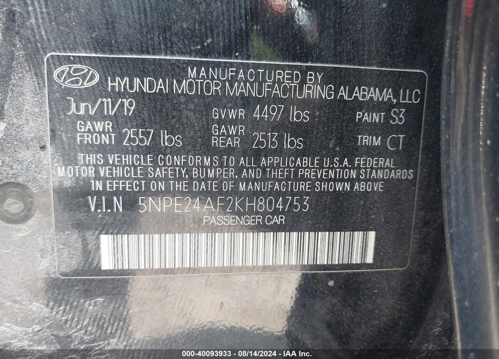 2019 HYUNDAI SONATA SE VIN: 5NPE24AF2KH804753