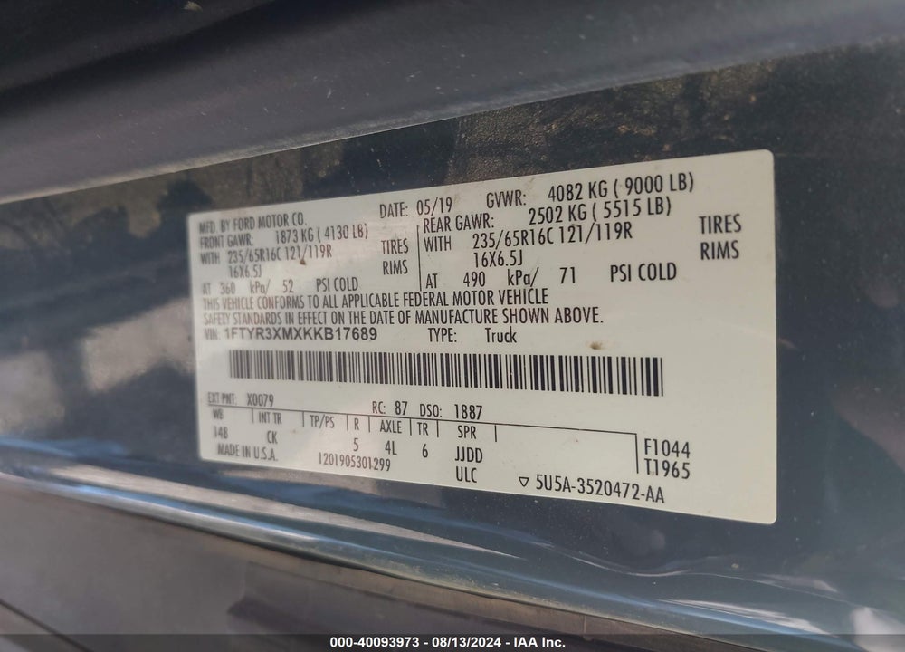 2019 FORD TRANSIT-250 VIN: 1FTYR3XMXKKB17689
