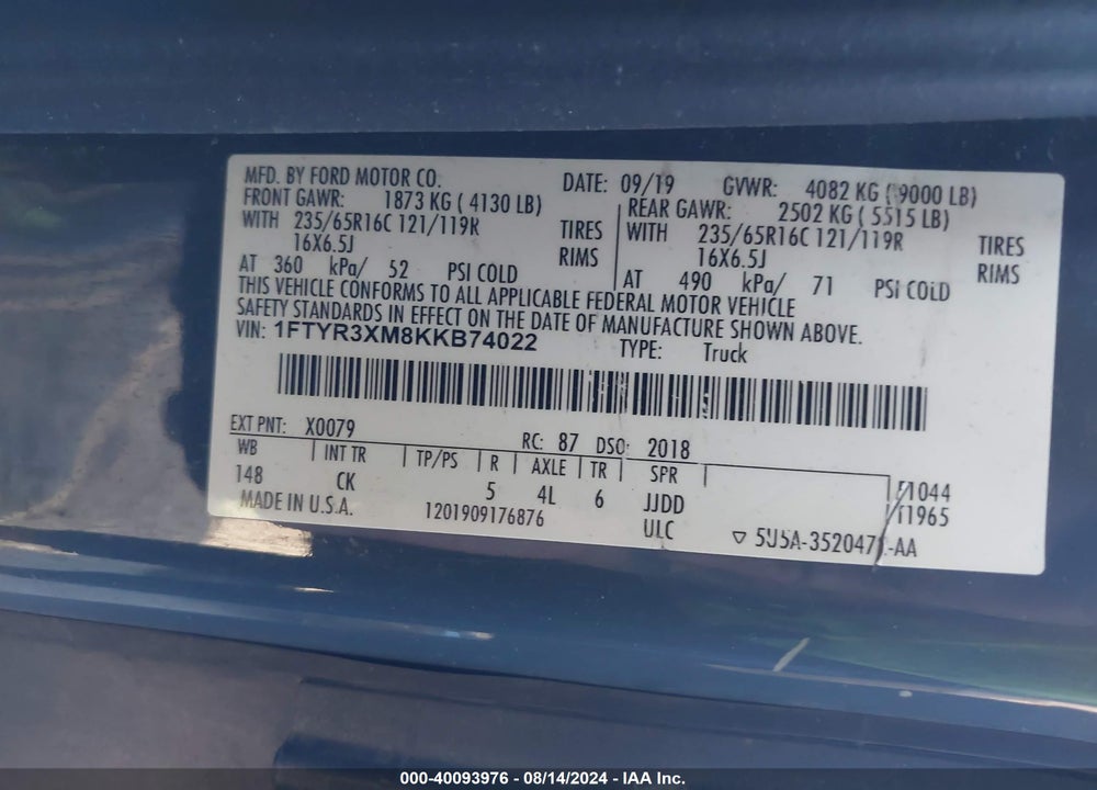 2019 FORD TRANSIT-250 VIN: 1FTYR3XM8KKB74022