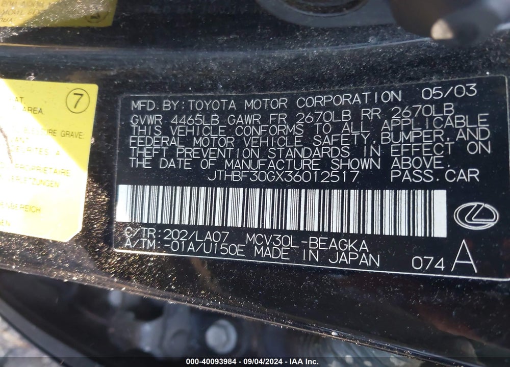 2003 LEXUS ES 300 VIN: JTHBF30GX36012517