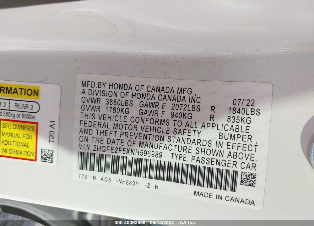 2022 HONDA CIVIC SPORT VIN: 2HGFE2F5XNH596989