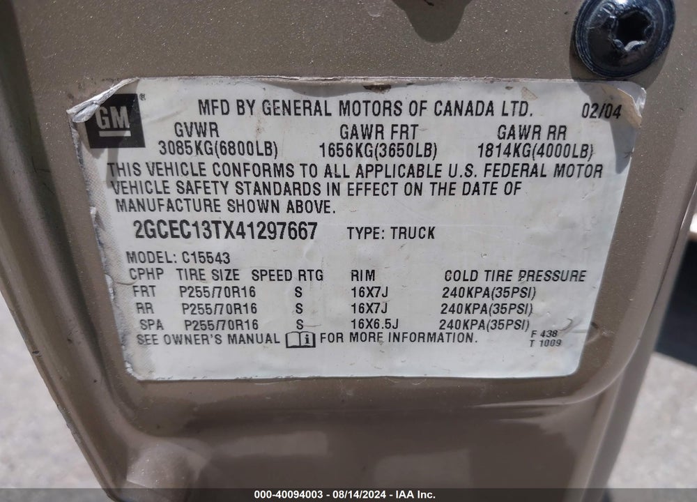 2004 CHEVROLET SILVERADO 1500 LS VIN: 2GCEC13TX41297667