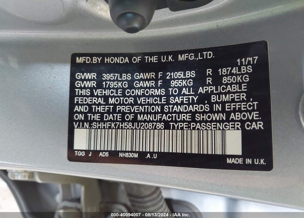 2018 HONDA CIVIC EX VIN: SHHFK7H58JU208786