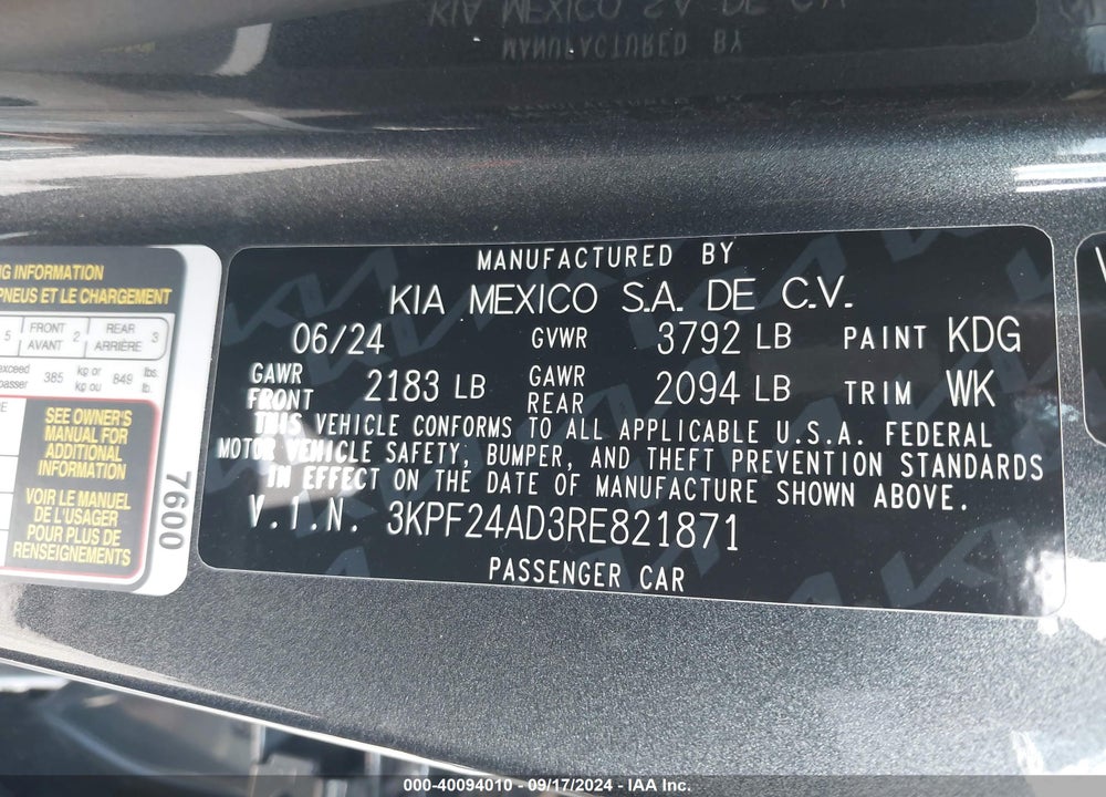 2024 KIA FORTE LX VIN: 3KPF24AD3RE821871