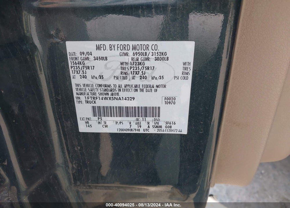 2005 FORD F-150 STX/XL/XLT VIN: 1FTRF14WX5NA14329