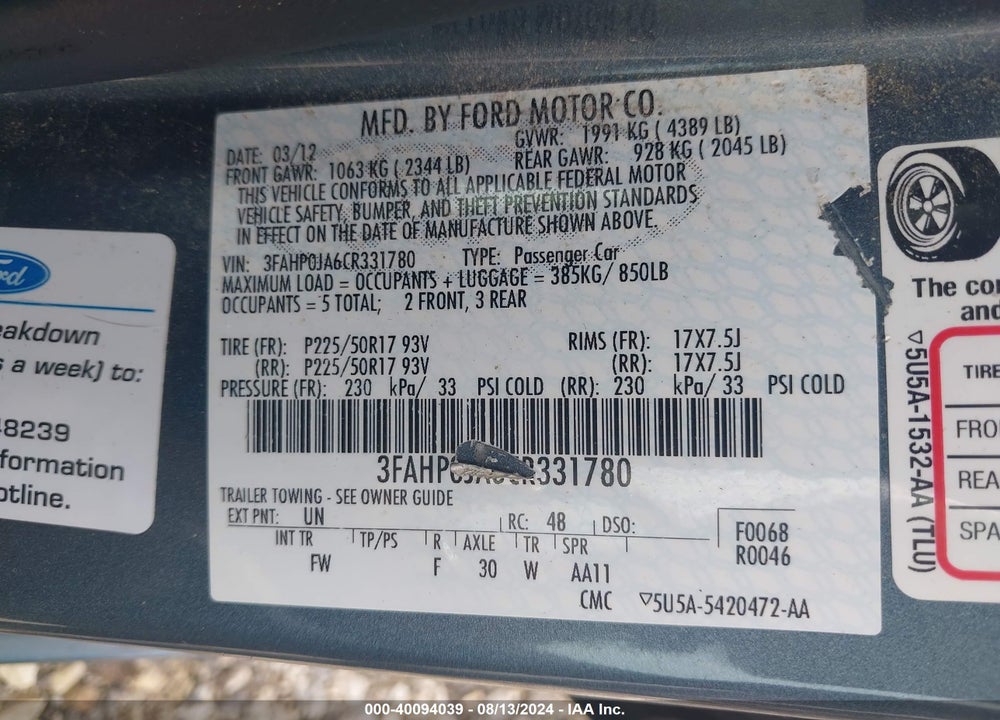 2012 FORD FUSION SEL VIN: 3FAHP0JA6CR331780
