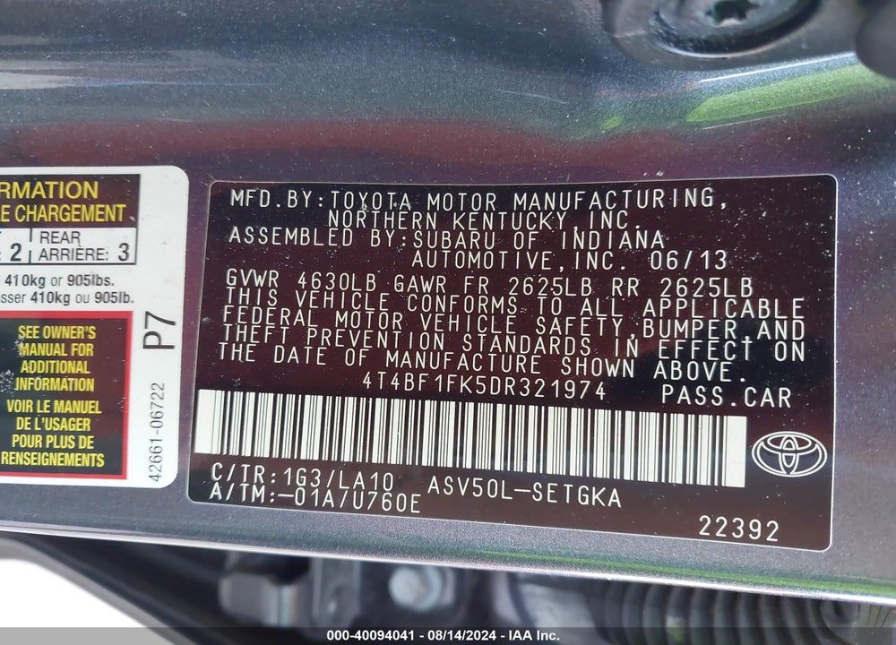 2013 TOYOTA CAMRY XLE VIN: 4T4BF1FK5DR321974