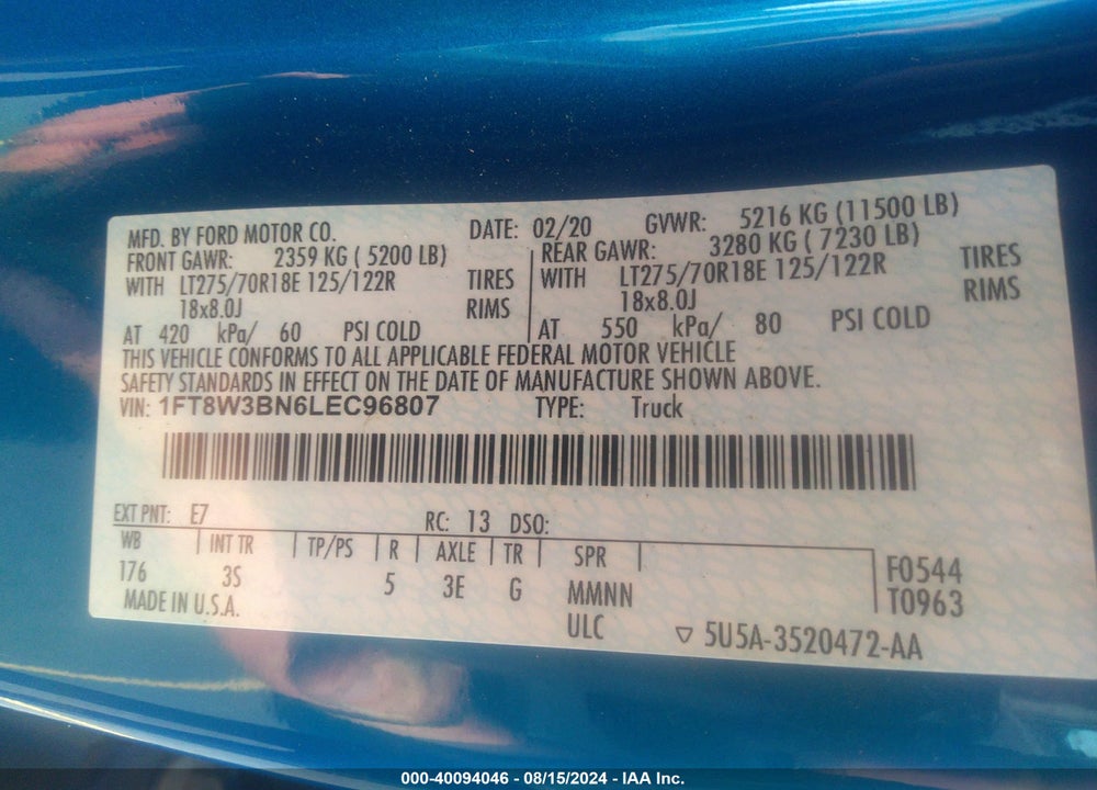 2020 FORD F-350 XLT VIN: 1FT8W3BN6LEC96807