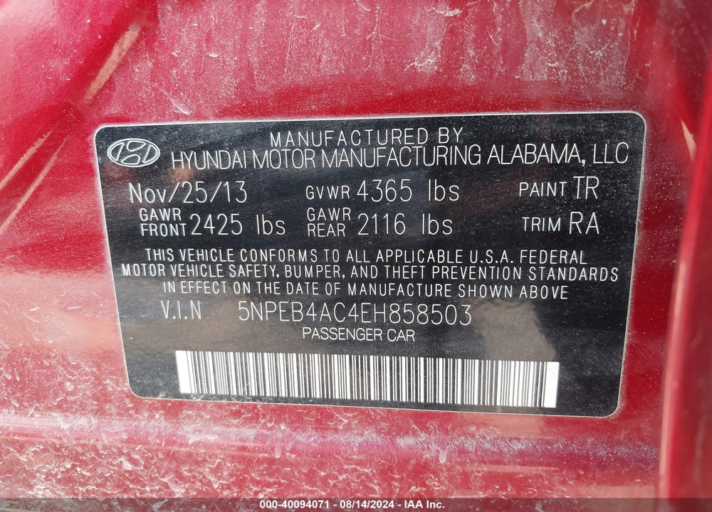 2014 HYUNDAI SONATA GLS VIN: 5NPEB4AC4EH858503