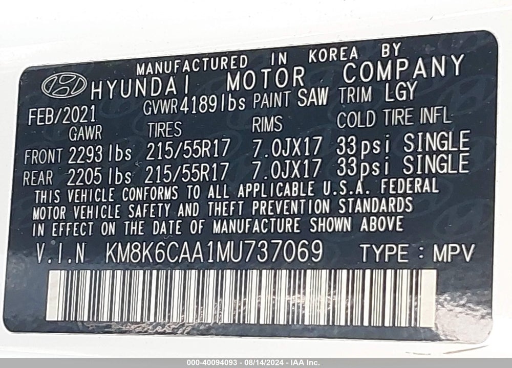 2021 HYUNDAI KONA SEL PLUS VIN: KM8K6CAA1MU737069