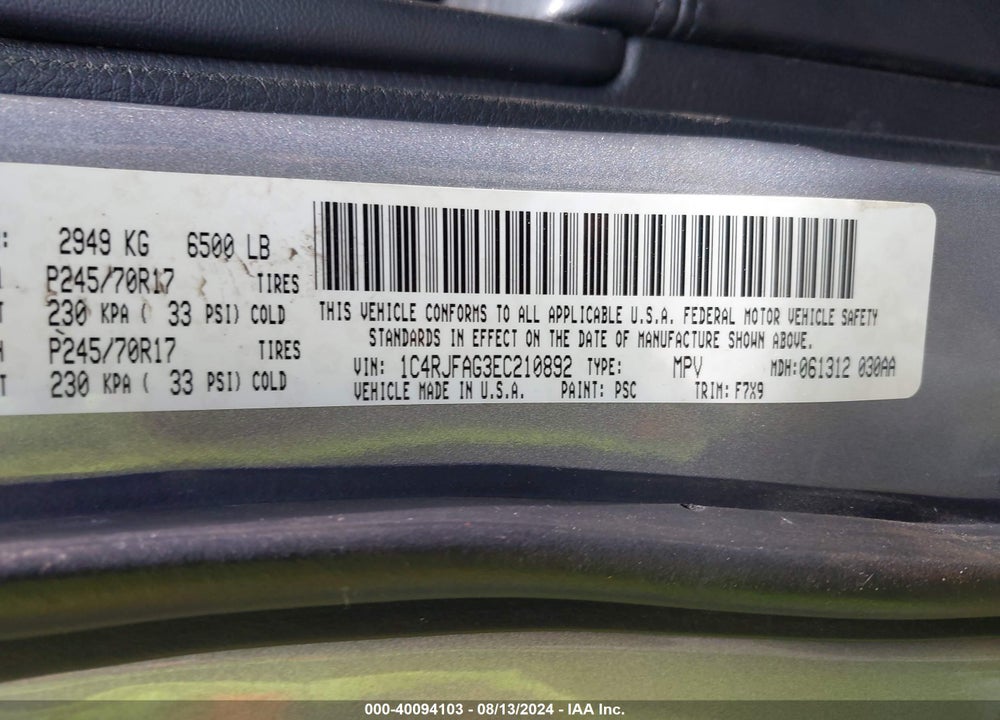 2014 JEEP GRAND CHEROKEE LAREDO VIN: 1C4RJFAG3EC210892