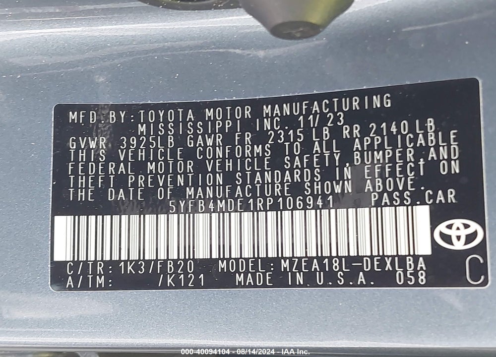 2024 TOYOTA COROLLA LE VIN: 5YFB4MDE1RP106941